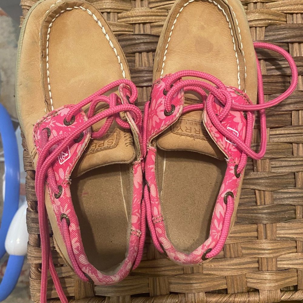 Sperry Tan and Pink Moccasins with Classic Boat Shoe Design